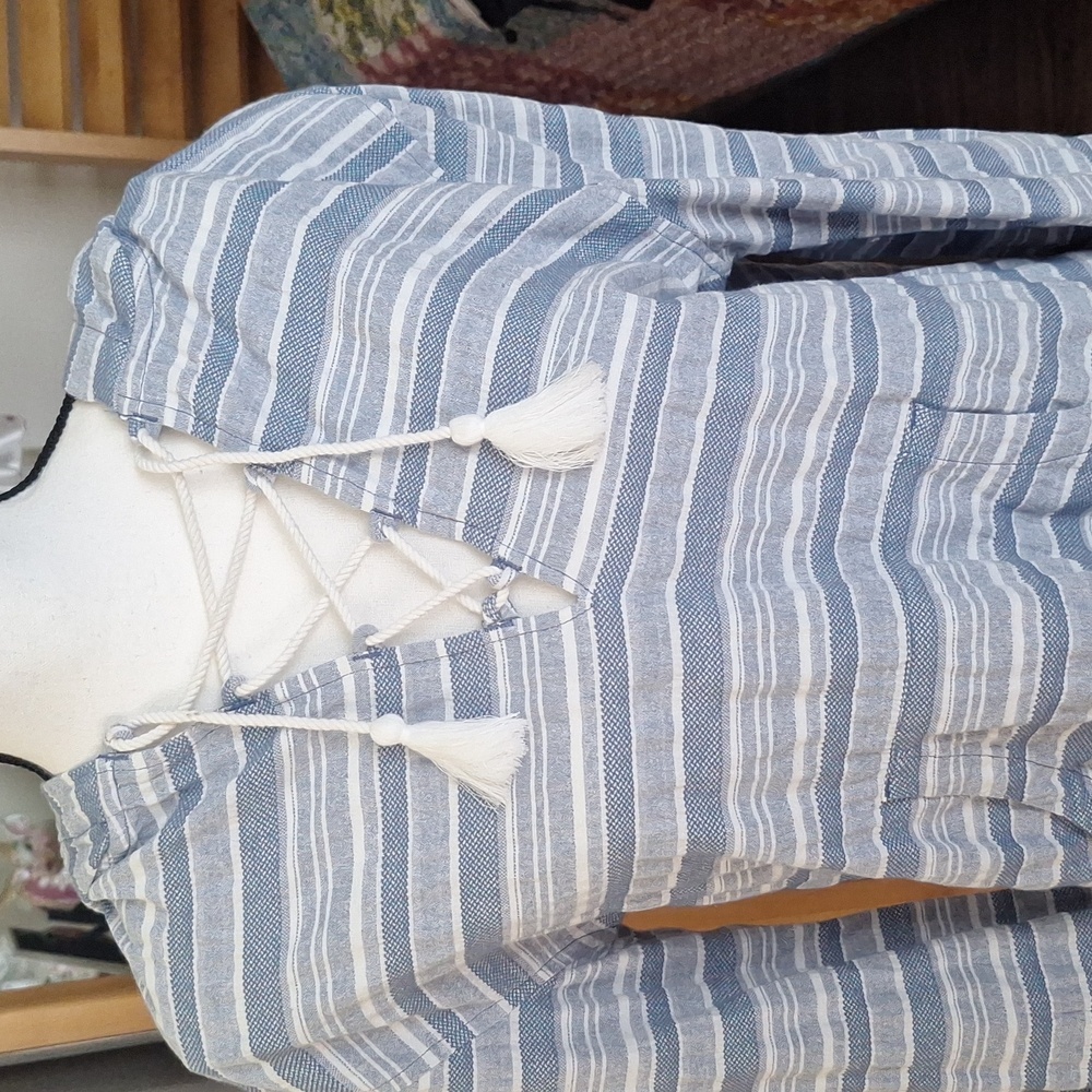 Roxy Blue and White Striped Lace-Up Tunic Top